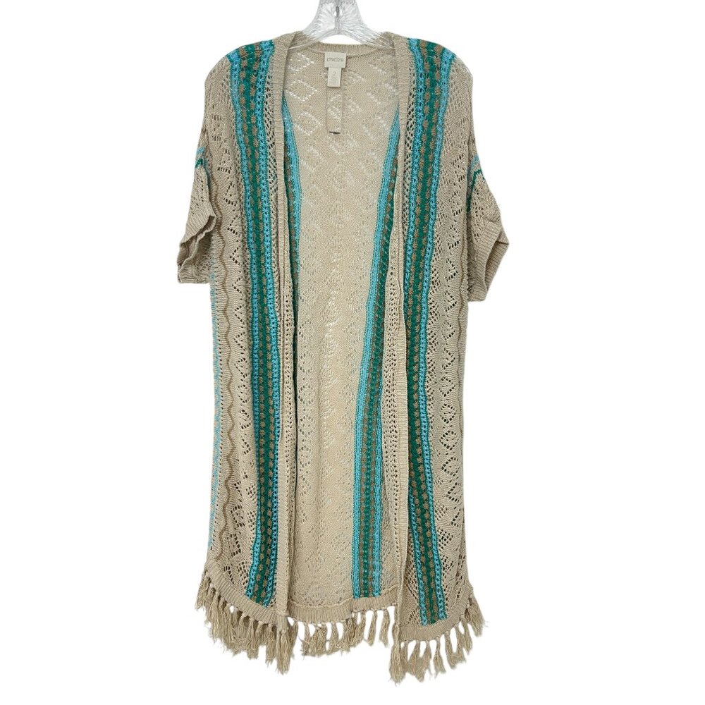 Chico's 100% linen crochet Teal Mix Fringe Detail Cardigan women's size 2 / L - Picture 2 of 8